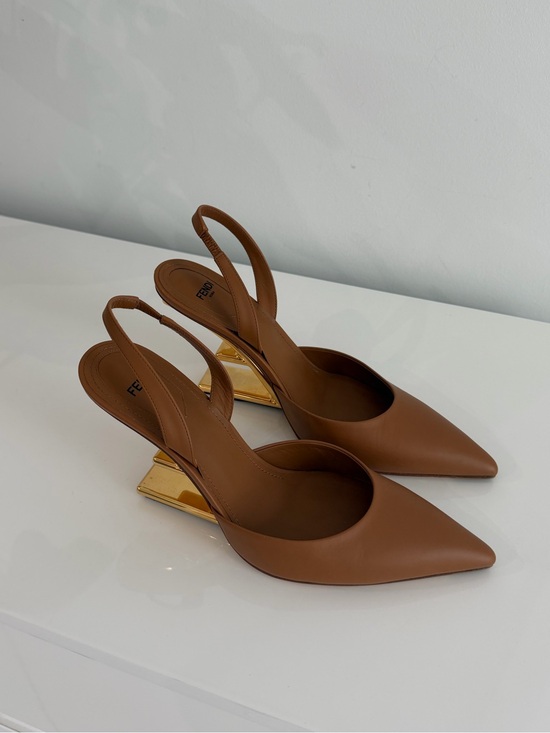 Fendi Shoes - Fendi Brown Pointed Slingback Pumps with Gold Sculpted Heel